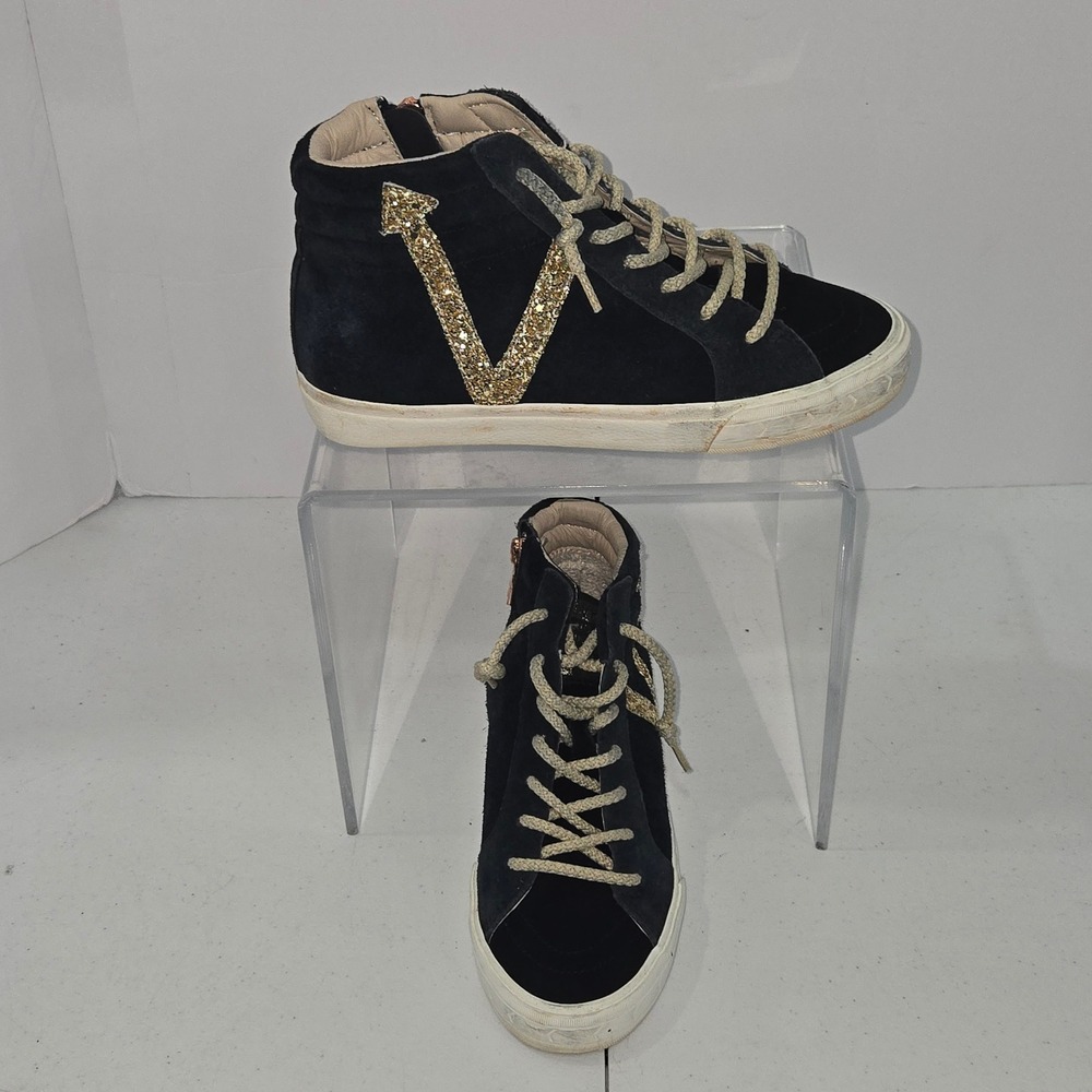 Vintage Havana Gadol Black Suede Gold Glitter High Top Sneakers Side Zip 8.5-9